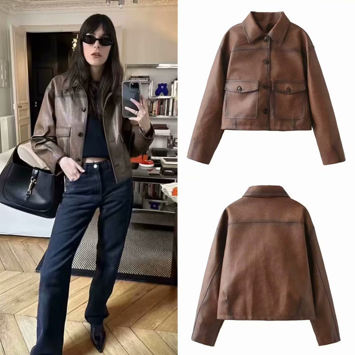 Damen Kurzjacke aus veganer Lederoptik im kastenförmigen Worker Look Drune