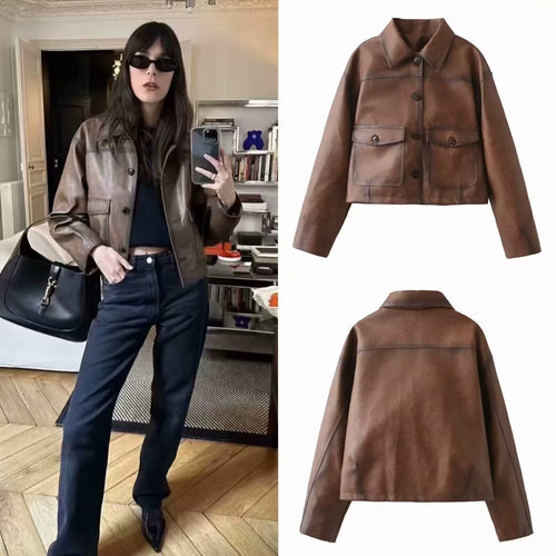 Damen Kurzjacke aus veganer Lederoptik im kastenförmigen Worker Look Drune