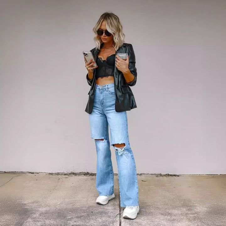 Damen lässige Hochtaillierte Schlagjeans mit Destroyed-Details Drune