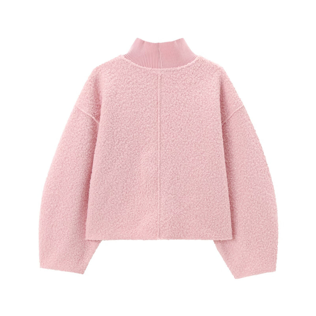 Damen Oversize Cropped Pullover mit Stehkragen und Ballonärmeln Drune