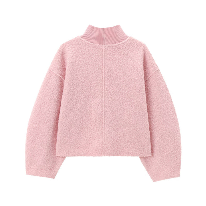 Damen Oversize Cropped Pullover mit Stehkragen und Ballonärmeln Drune