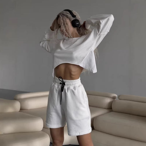 Damen lässiges Sweatshirt- und Shorts-Set mit Kordelzug und farbenfrohem Design