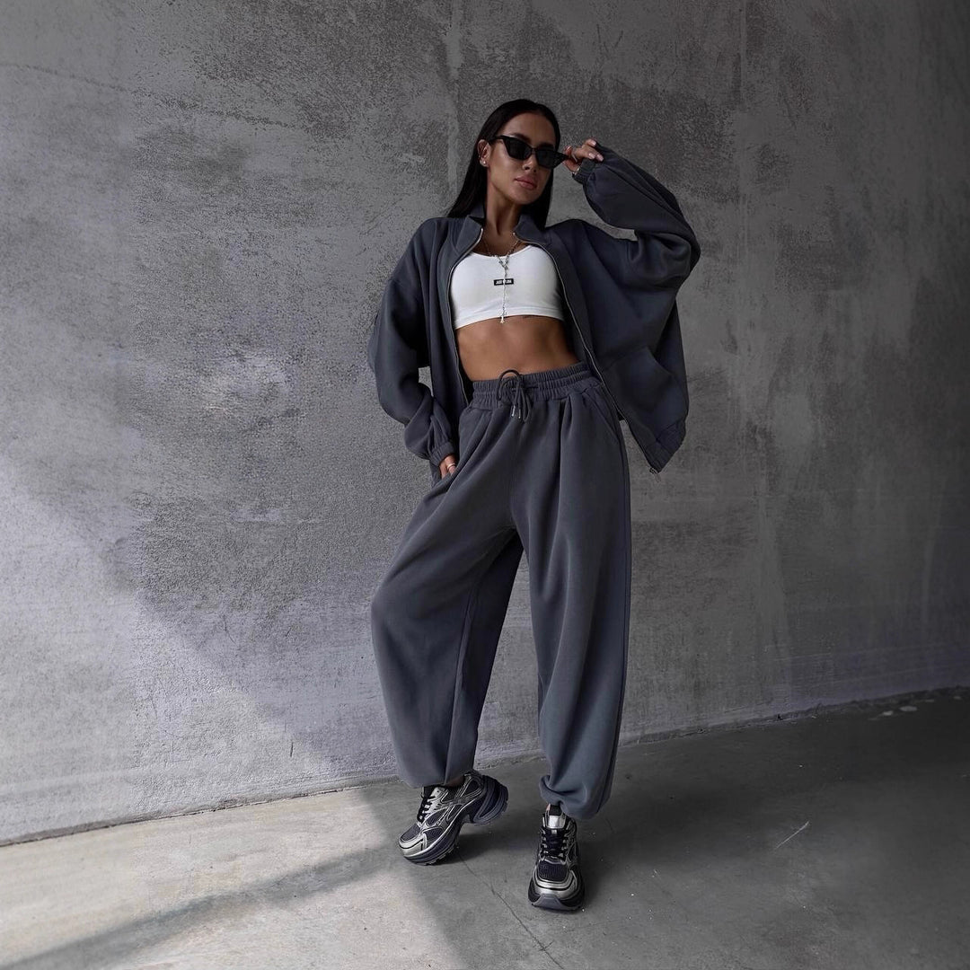 Damen oversized Sweatset mit Reißverschlussjacke und weiten Jogginghose Drune