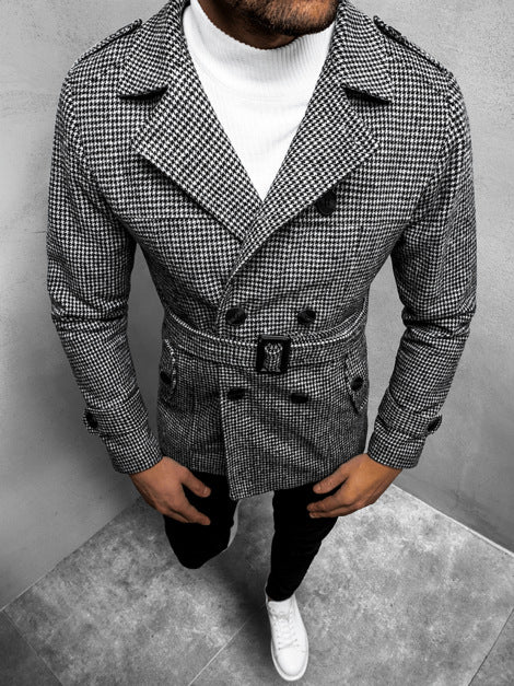 Herren Doppelreihiger Trenchcoat mit Hahnentritt‑Muster, tailliertem Schnitt und Bindegürtel Drune
