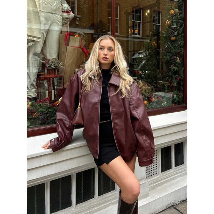 Damen modische Lederjacke im Oversized-Stil mit Reißverschluss Drune