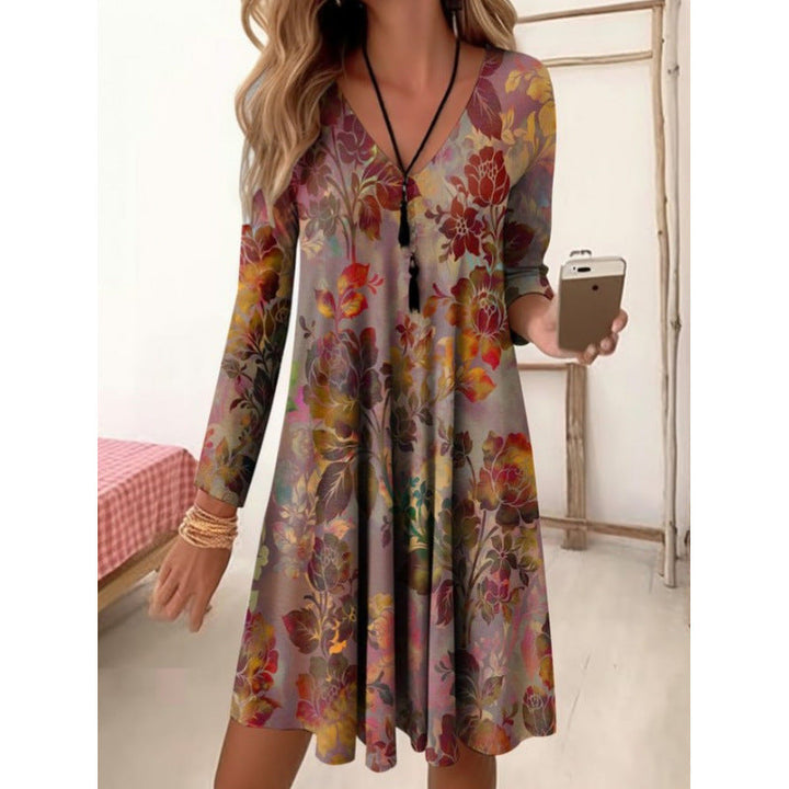 Damen V-Ausschnitt Freizeitkleid mit floraler Gestaltung und seitlichen Taschen Drune