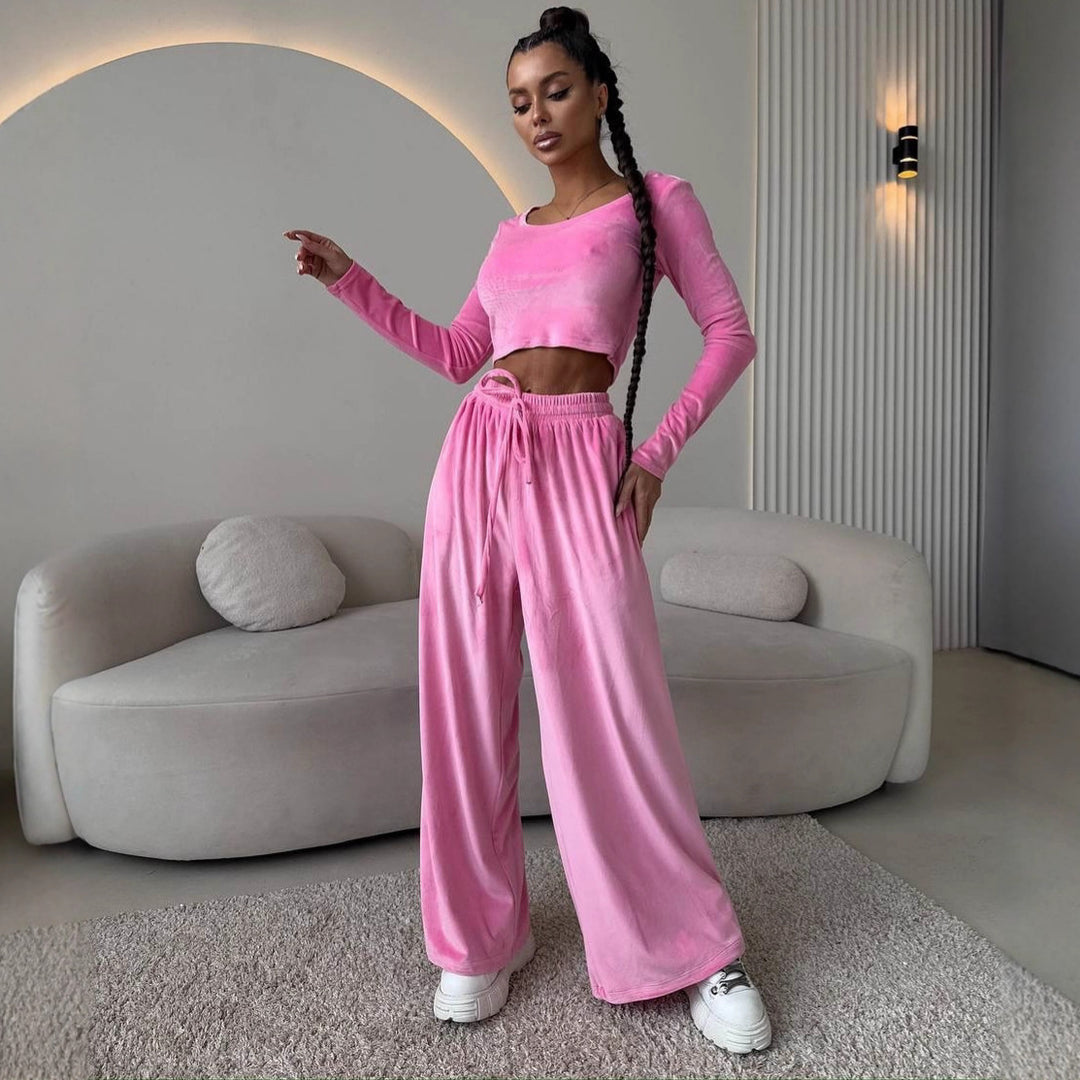 Damen Samt-Loungewear-Set mit Cropped-Langarmshirt und hoher Taillen-Palazzohose Drune