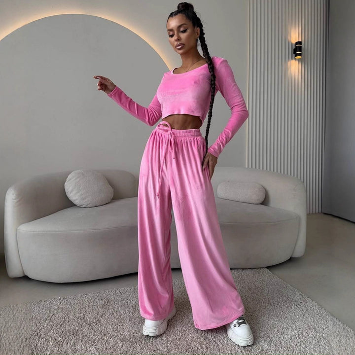 Damen Samt-Loungewear-Set mit Cropped-Langarmshirt und hoher Taillen-Palazzohose Drune
