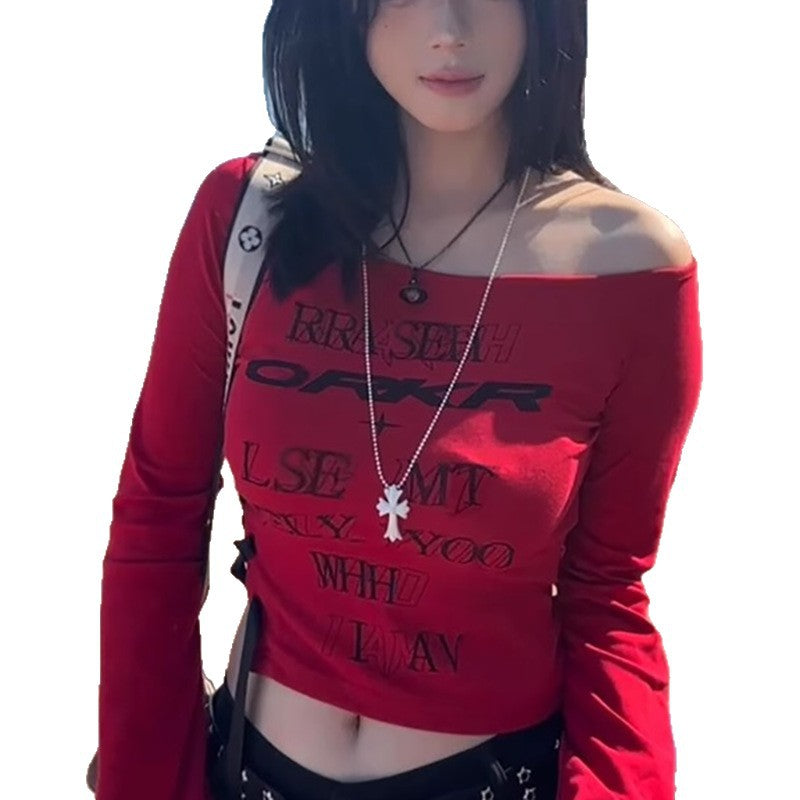 Damen figurbetontes Off-Shoulder Oberteil mit langen Ärmeln und modischem Schriftzug Drune