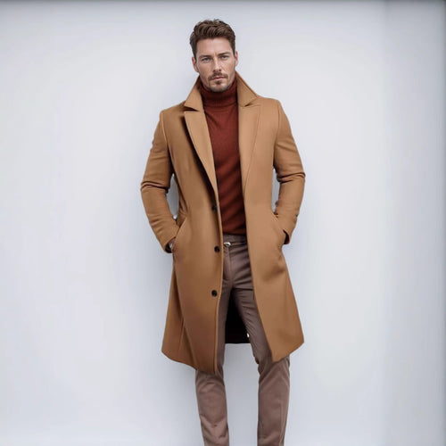 Herren Langer taillierter Mantel mit breitem Revers und edler Wollmischung Drune
