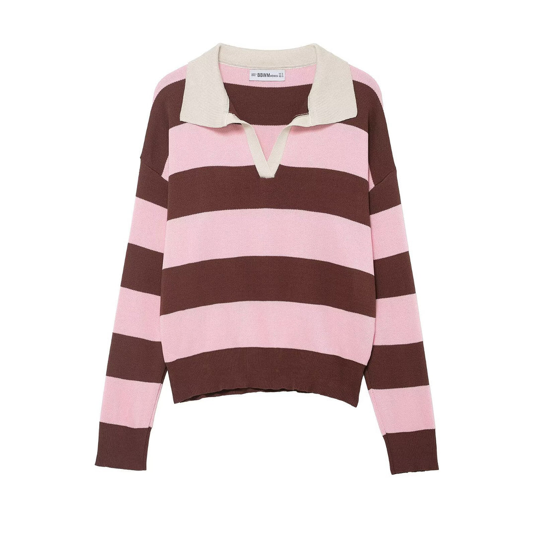 Damen Oversize Streifen-Rugby-Pullover mit offenem Polokragen und V-Ausschnitt Drune