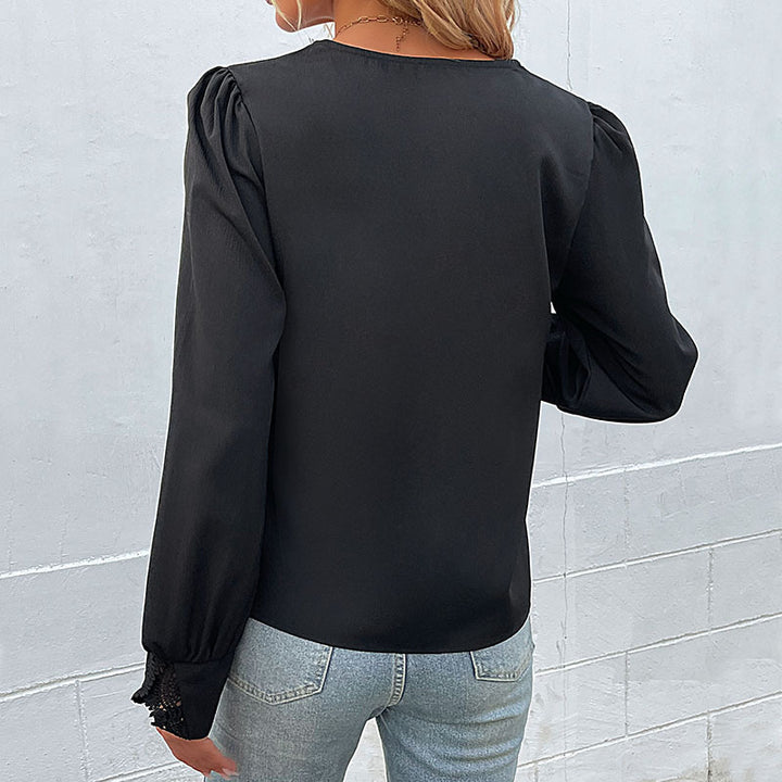 Damen Elegante V-Ausschnitt-Bluse mit Spitzenbesatz und langen Ballonärmeln Drune