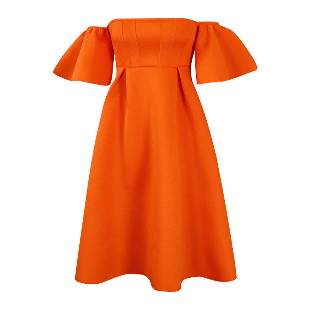 Damen A-Linie Kleid mit schulterfreien Puffärmeln und Taillierung Drune