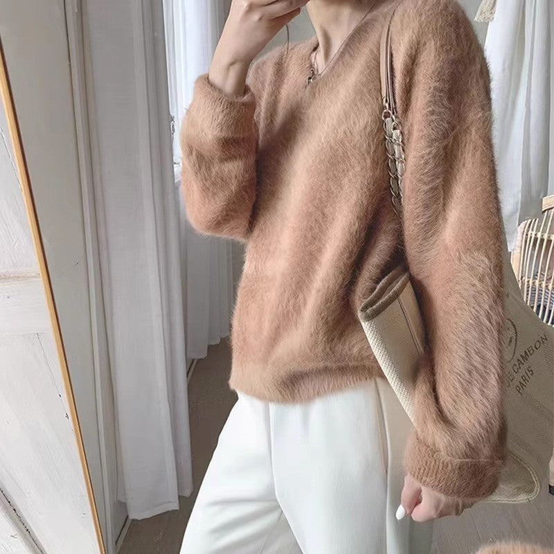Damen Flauschiger V-Ausschnitt Pullover mit weichem Material und lässigem Schnitt Drune