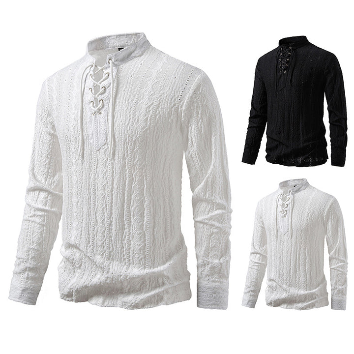 Herren Feinstruktur Henley-Langarmshirt mit Schnürung und Stehkragen Drune