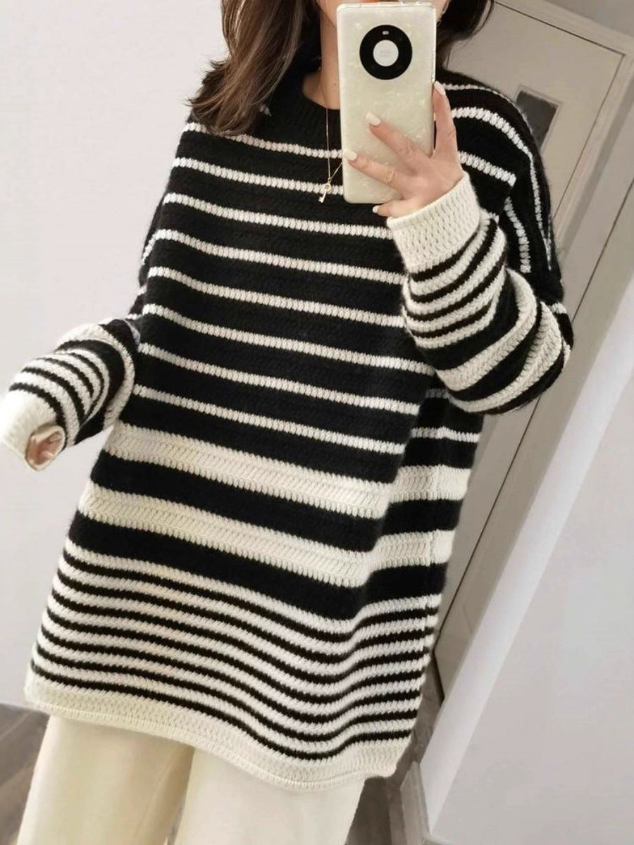 Damen Oversize-Longpullover aus grobem Streifenstrick mit Rundhalsausschnitt Drune