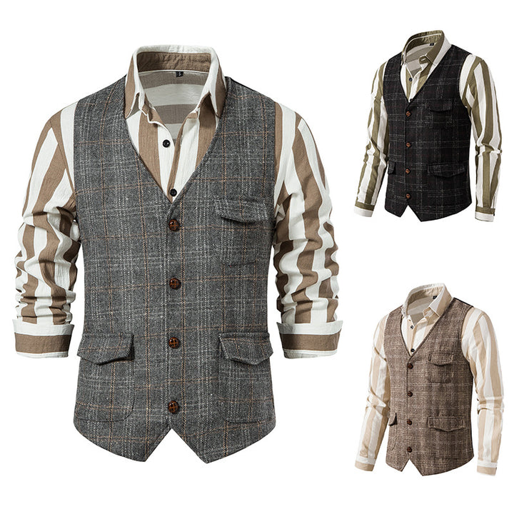 Herren nan kariertes Wollmix Gilet mit Brusttasche und aufgesetzten Seitentaschen Drune