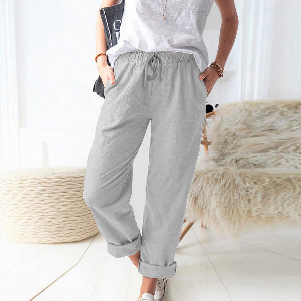 Damen Lockere Leinenoptik-Hose mit Elastischem Bund, Kordelzug und Aufgeschlagenem Saum Drune