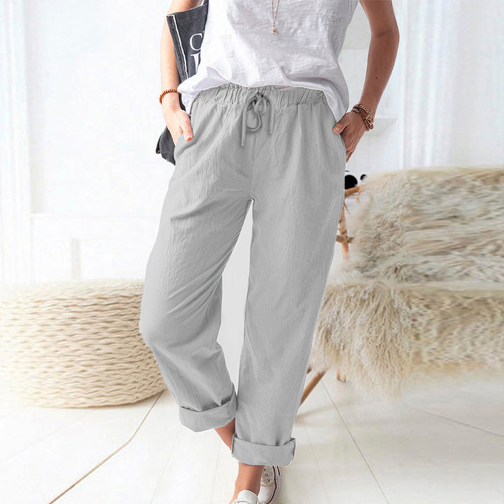 Damen Lockere Leinenoptik-Hose mit Elastischem Bund, Kordelzug und Aufgeschlagenem Saum Drune