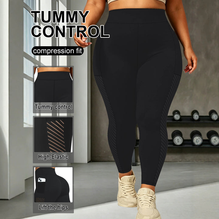 Damen High-Waist Sportleggings knöchellang mit seitlicher Handytasche und Struktur-Panel Drune