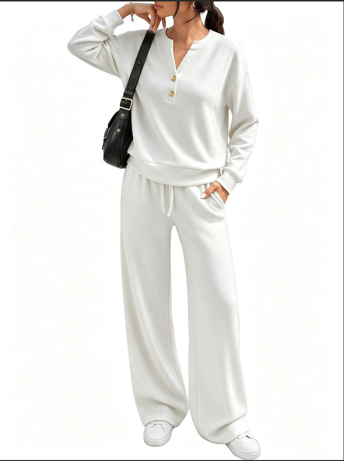 Damen Lounge-Set mit Henley-Kragen und palazzoweiter Jogginghose Drune