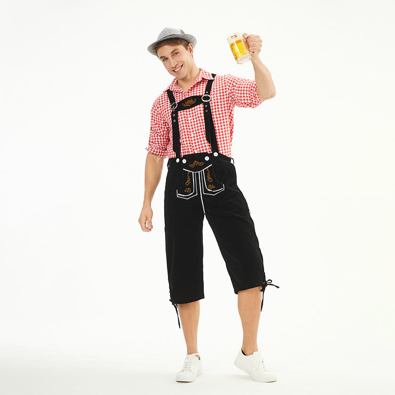 Herren nan traditionelle bayerische Trachtenlederhose knielang mit bestickten Hosenträgern Drune