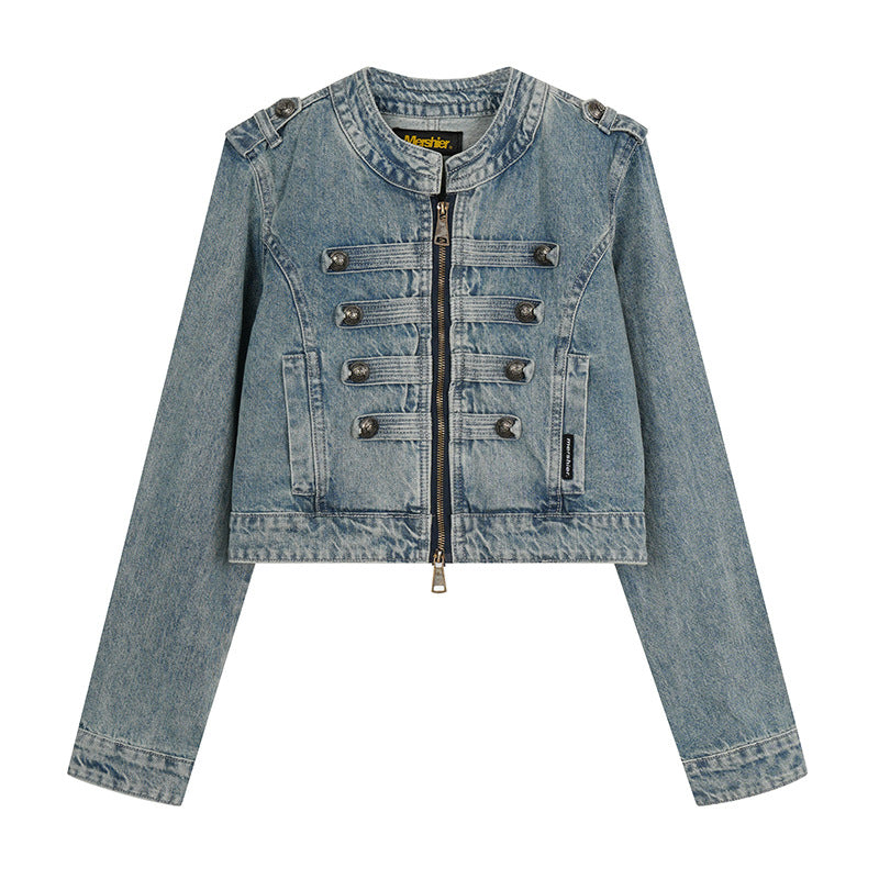 Damen Cropped-Denimjacke im Military‑Stil mit Zierknopfleisten Drune