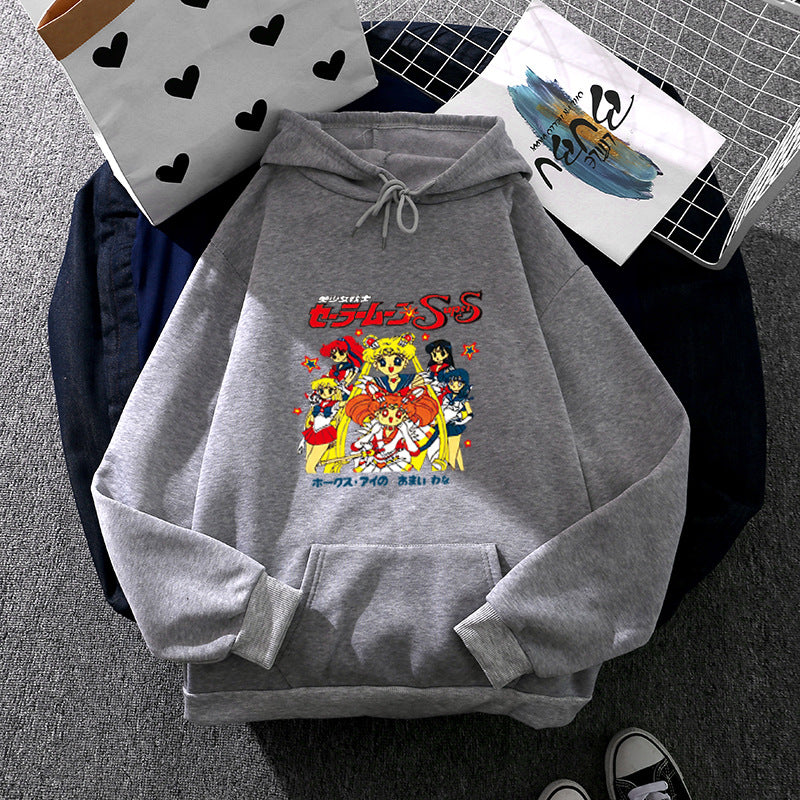 Damen nan Oversize-Kapuzenpullover mit gerautem Fleecefutter, Retro‑Anime‑Print und Kängurutasche Drune