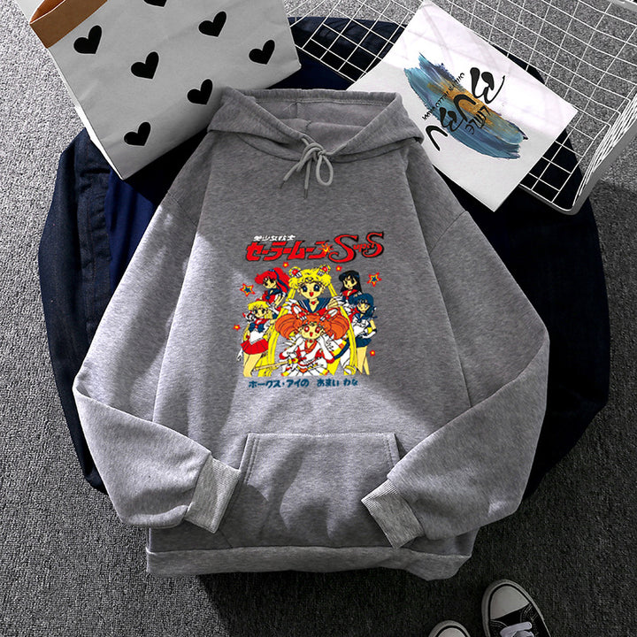 Damen nan Oversize-Kapuzenpullover mit gerautem Fleecefutter, Retro‑Anime‑Print und Kängurutasche Drune