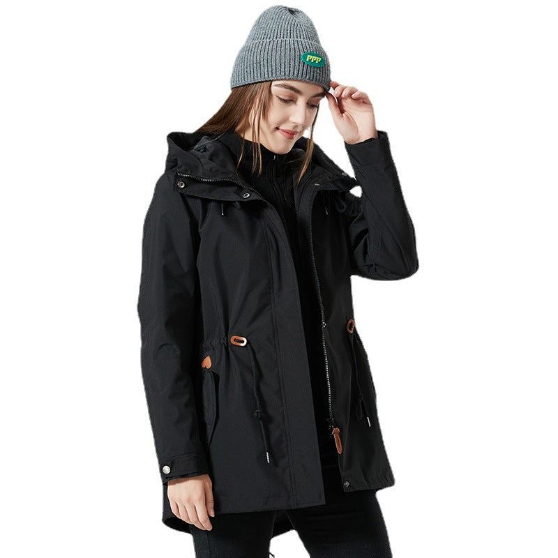 Damen Wasserabweisende taillierte Parka-Jacke mit Kapuze und Kordelzug Drune