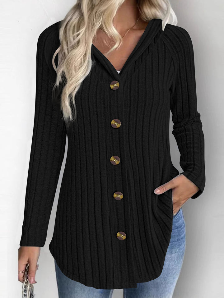 Damen Gerippte Kapuzen-Cardigan-Bluse mit Holzknopfleiste und gerafften Ärmeln Drune