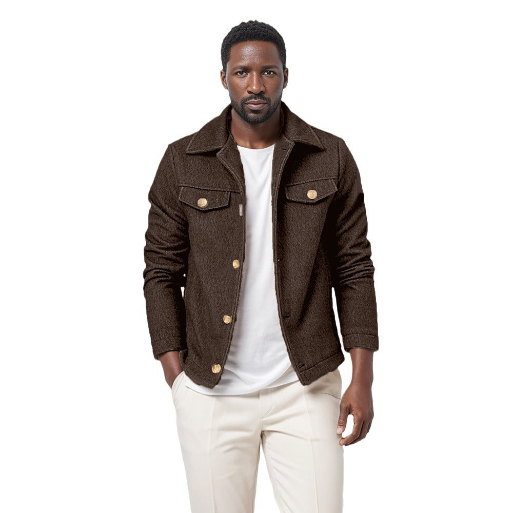 Herren Bouclé-Workerjacke mit Hemdkragen, Brustpattentaschen und Metallknöpfen Drune