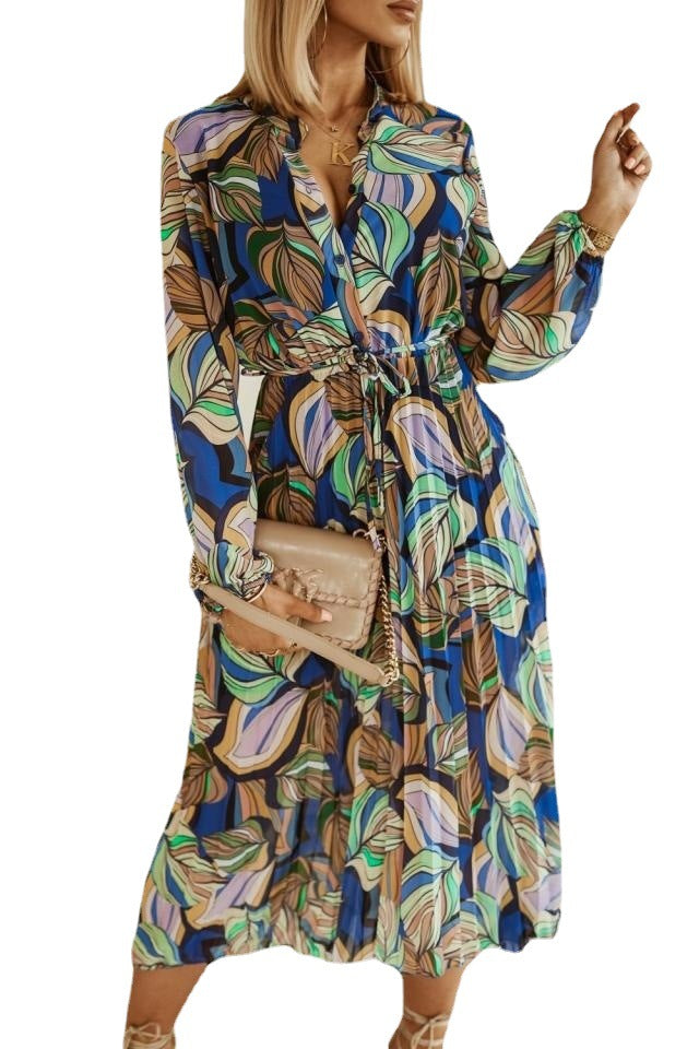 Damen Maxikleid mit kreativem floralem Design und Taillengürtel Drune
