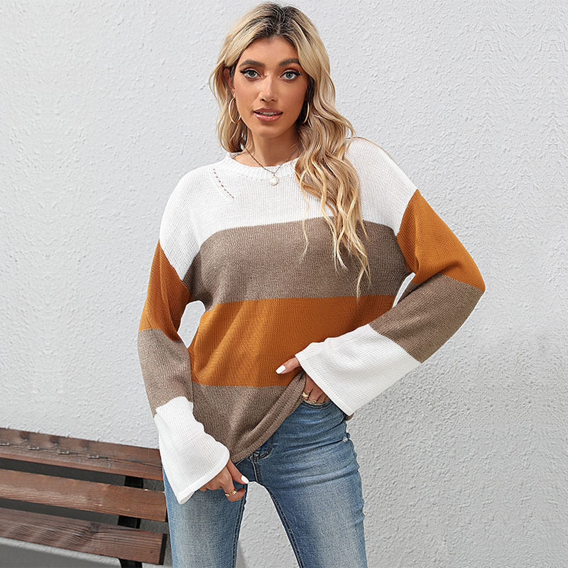 Damen Oversize Farbblock Strickpullover mit Rundhalsausschnitt und langen Ärmeln Drune