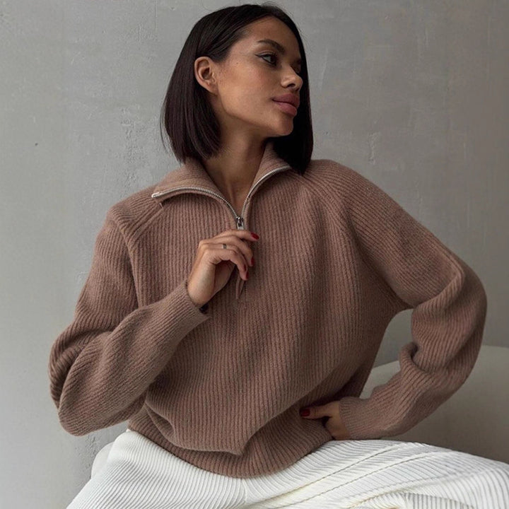Damen Gerippter Wollmix-Pullover mit halbem Reißverschluss und weitem Stehkragen Drune