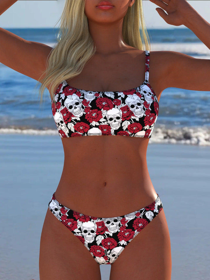 Damen Bikini-Set mit modernem Totenkopf- und Blumenmuster Drune