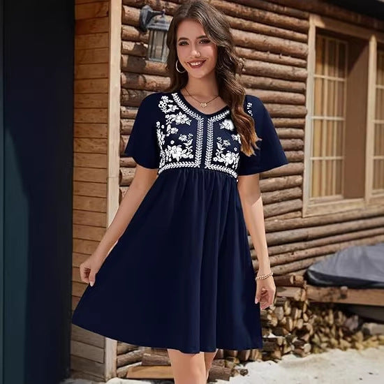 Damen Besticktes Empire-Kleid mit V-Ausschnitt, Kurzärmeln und ausgestelltem Rock Drune