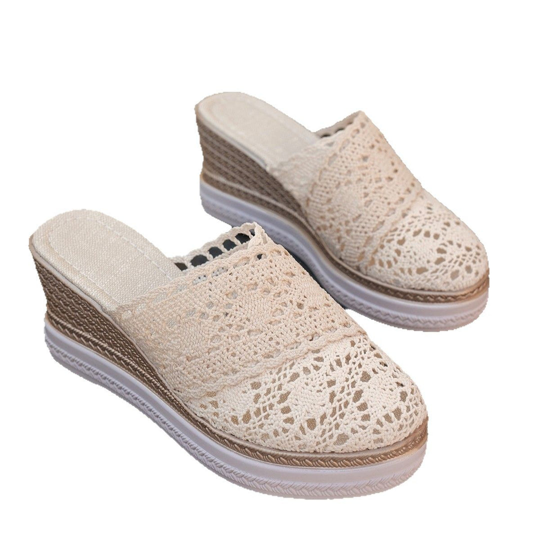 Damen  gehäkelte Plateau-Mules mit Jute-Optik Keilsohle und atmungsaktivem Komfortfutter Drune