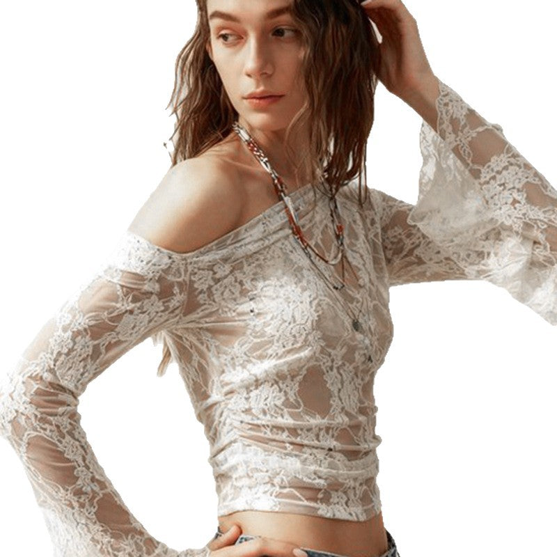 Damen elegantes Spitzenoberteil mit voluminösen Glockenärmeln Drune