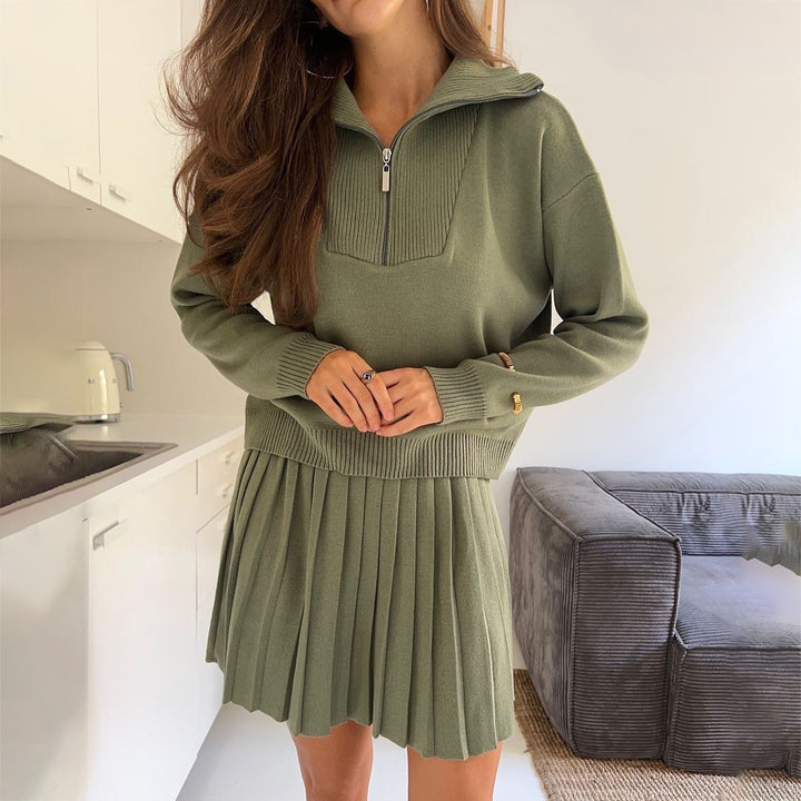 Damen Strickpullover mit hochgeschlossenem Kragen und plissiertem Rock Drune