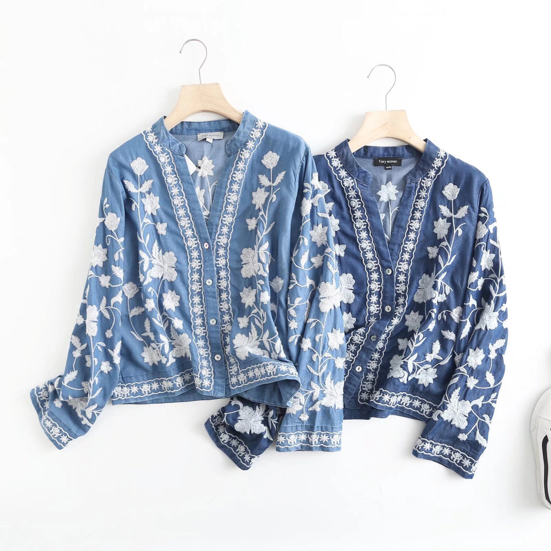 Damen bestickte Bluse im Vintage-Stil mit elegantem Kragen und Druckknopfverschluss Drune