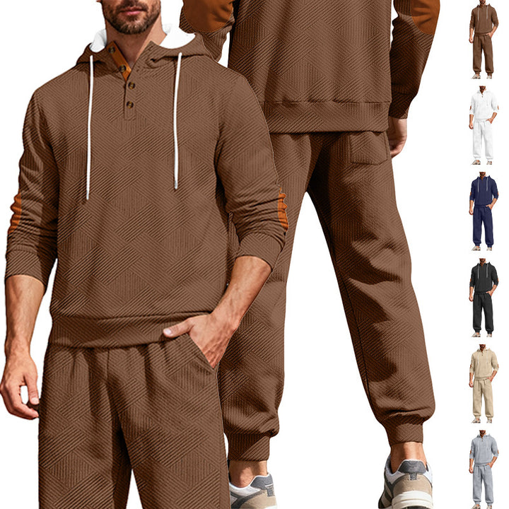 Herren nan strukturiertes Kapuzen-Joggingset mit Henley-Knopfleiste und Kontrast-Ellenbogenpatches Drune