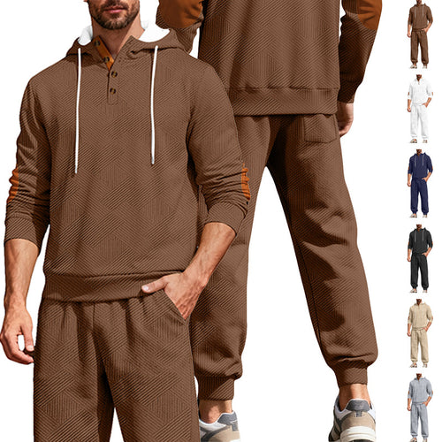 Herren nan strukturiertes Kapuzen-Joggingset mit Henley-Knopfleiste und Kontrast-Ellenbogenpatches Drune