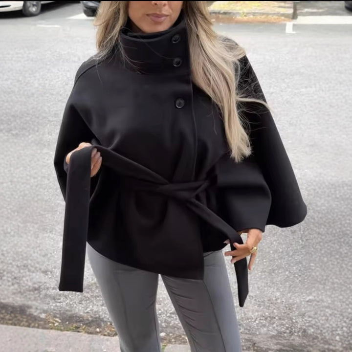 Damen elegante Übergangsjacke mit hohem Kragen und Bindegürtel Drune