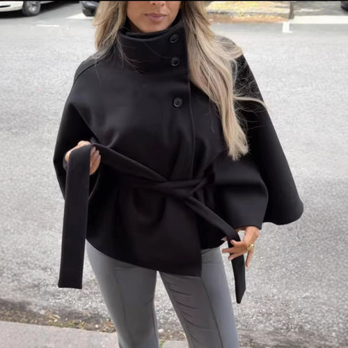 Damen elegante Übergangsjacke mit hohem Kragen und Bindegürtel Drune