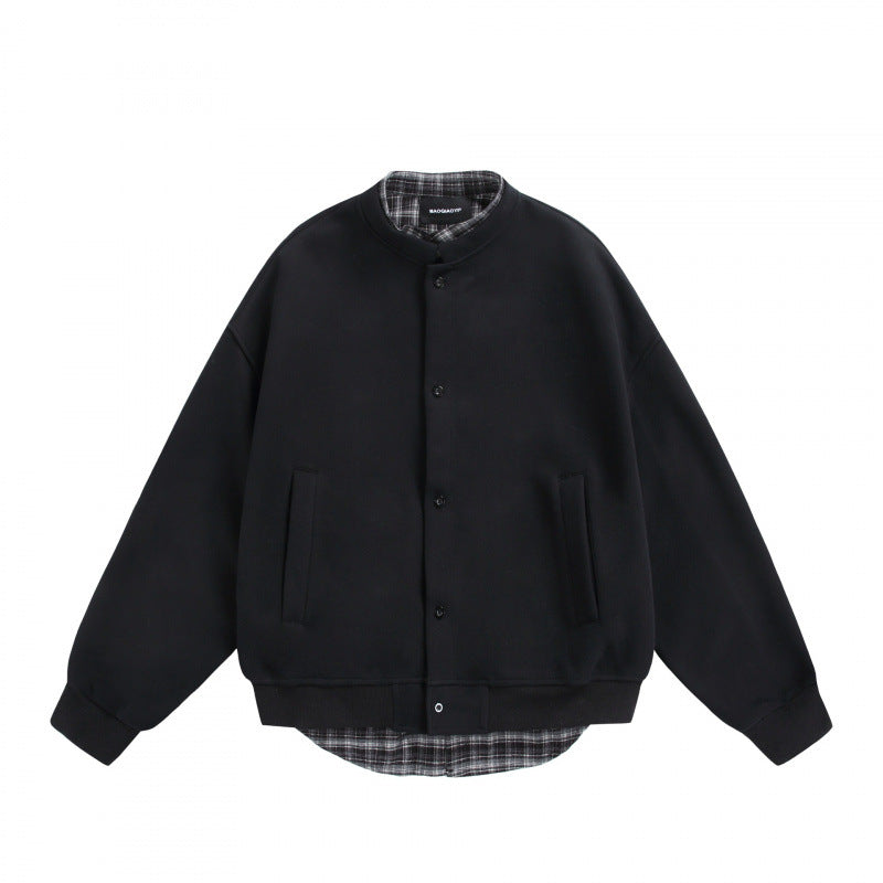 Herren Oversize-Sweatjacke im College‑Stil mit verdeckter Druckknopfleiste und kariertem Innenfutter Drune