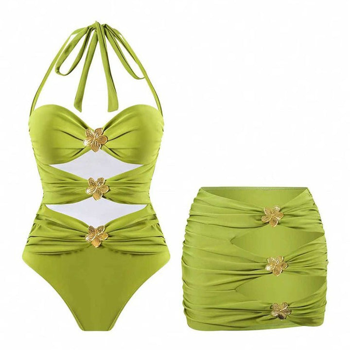Damen Einteiler Badeanzug mit eleganten Drapierungen und Goldakzenten Drune