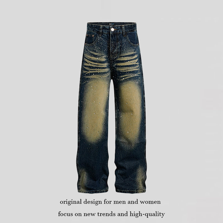 Damen weite High‑Waist Jeanshose mit Distressed‑Rissen und Strassbesatz Drune