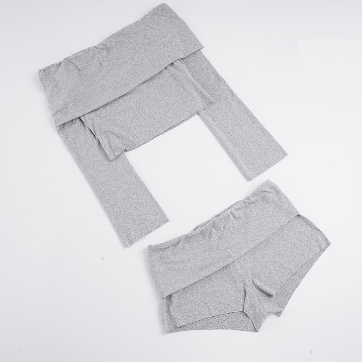 Damen nan Off-Shoulder Lounge-Set mit Langarm-Croptop und Highwaist-Shorts aus Stretchjersey Drune