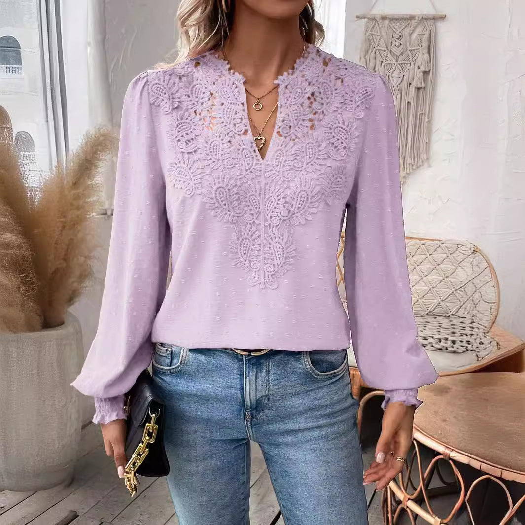 Damen Bluse mit Spitzen‑Plastron, V‑Ausschnitt und ballonartigen Ärmeln Drune